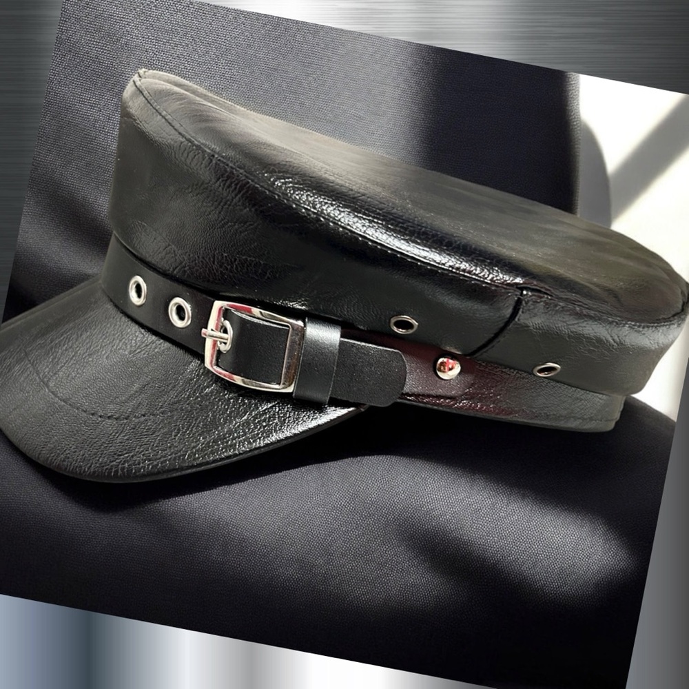 BLACK UNISEX British Retro Military Cap/ Vegan Leather/ Adjustable String Inside